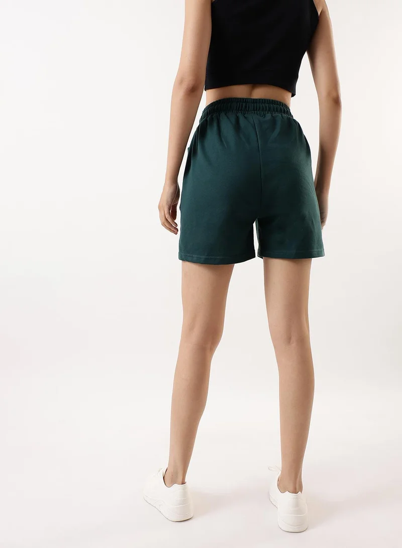 Dennis Lingo Women's Bottle Green Cotton Blend Solid Cropped Athleisure Relaxed Athleisure Shorts