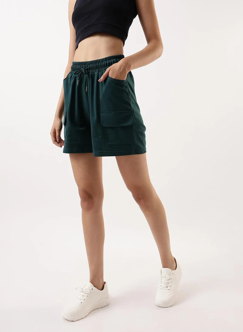 Dennis Lingo Women's Bottle Green Cotton Blend Solid Cropped Athleisure Relaxed Athleisure Shorts