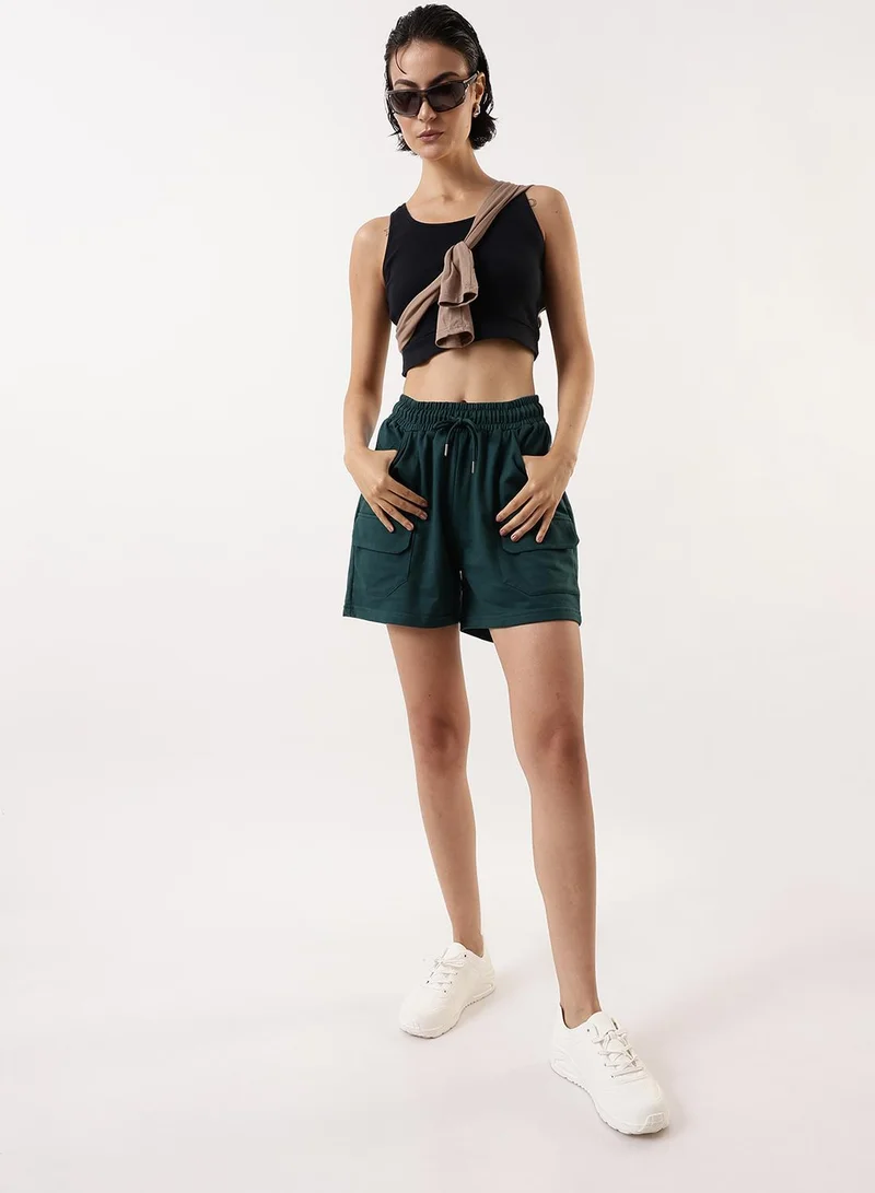 Dennis Lingo Women's Bottle Green Cotton Blend Solid Cropped Athleisure Relaxed Athleisure Shorts