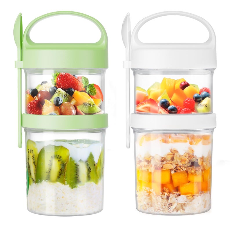 LUXEAR 31oz Large Overnight Oats Containers with Lids and Spoons 2 Pack,Dual-Layer Plastic Yogurt Parfait Cups Salad Pod Mason Jar Reusable for Oatmeal Cereal Nut Fruit with Holder for Snack Meal Prep - Image 1