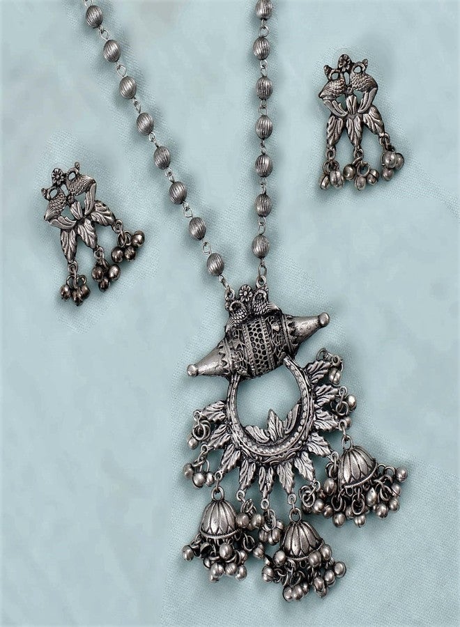 Siddhatva Traditional Oxidised Silver Ethnic Bohemian Fashion Long Pendant Necklace Jewelry Set for Women Girls (silver) - Image 2