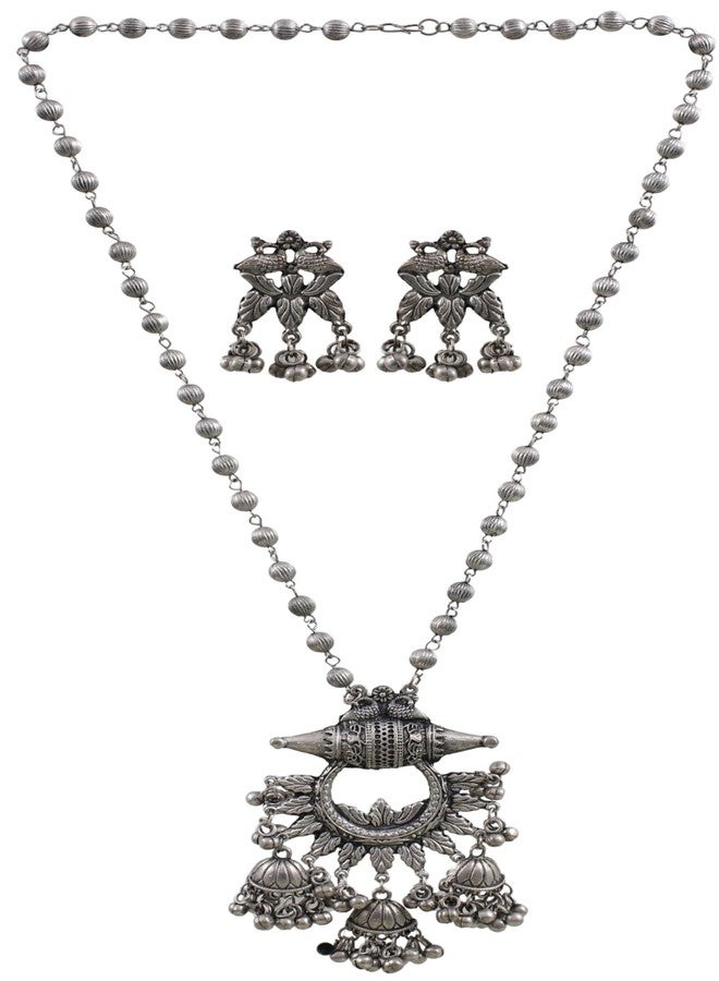 Siddhatva Traditional Oxidised Silver Ethnic Bohemian Fashion Long Pendant Necklace Jewelry Set for Women Girls (silver) - Image 3
