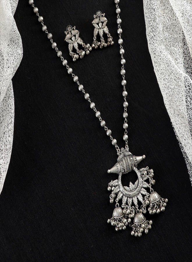 Siddhatva Traditional Oxidised Silver Ethnic Bohemian Fashion Long Pendant Necklace Jewelry Set for Women Girls (silver) - Image 5