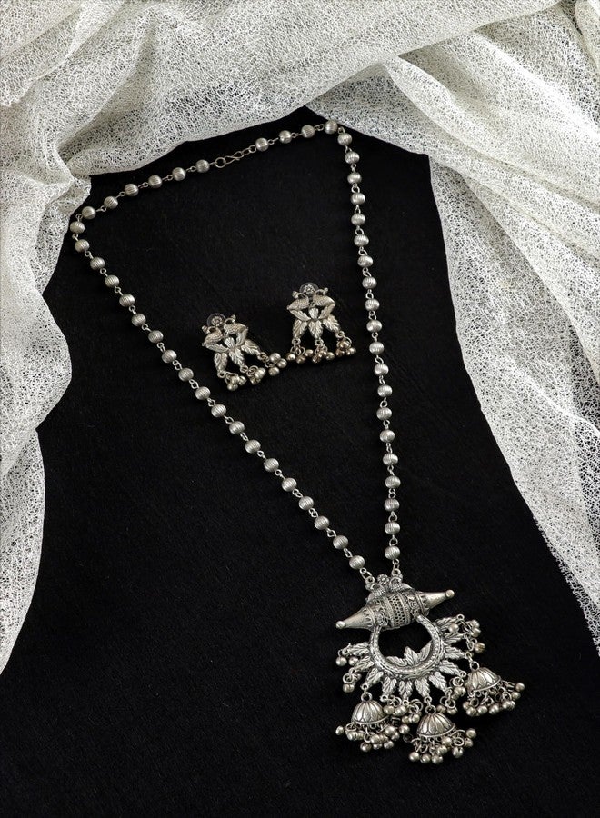 Siddhatva Traditional Oxidised Silver Ethnic Bohemian Fashion Long Pendant Necklace Jewelry Set for Women Girls (silver) - Image 4