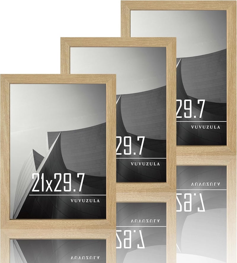 VUVUZULA A4 Picture Frame, Set of 3, Natural Wood Matt, Acrylic Glass Photo Frame, MDF Frame with Stand and Wall Mount, 21 x 30 cm, Set of 3 - Image 1