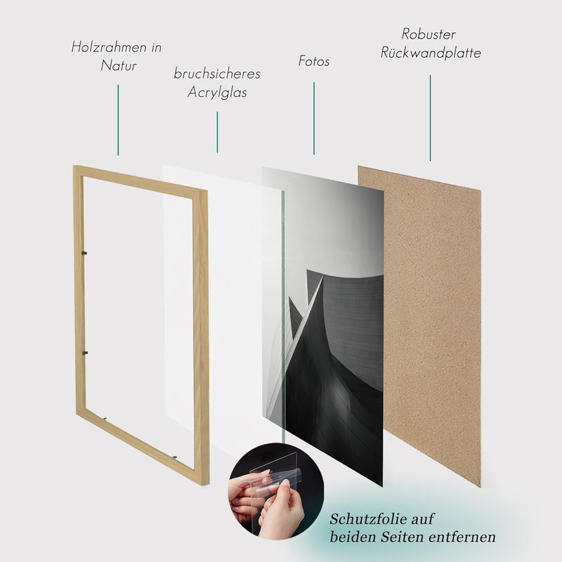 VUVUZULA A4 Picture Frame, Set of 3, Natural Wood Matt, Acrylic Glass Photo Frame, MDF Frame with Stand and Wall Mount, 21 x 30 cm, Set of 3 - Image 5
