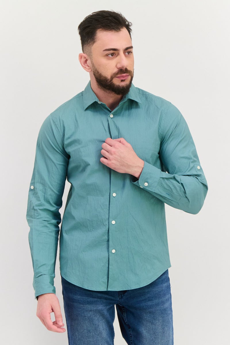 PERRY ELLIS Men Stretch Fit Long Sleeve Plain Casual Shirt, Slate Green - Image 1