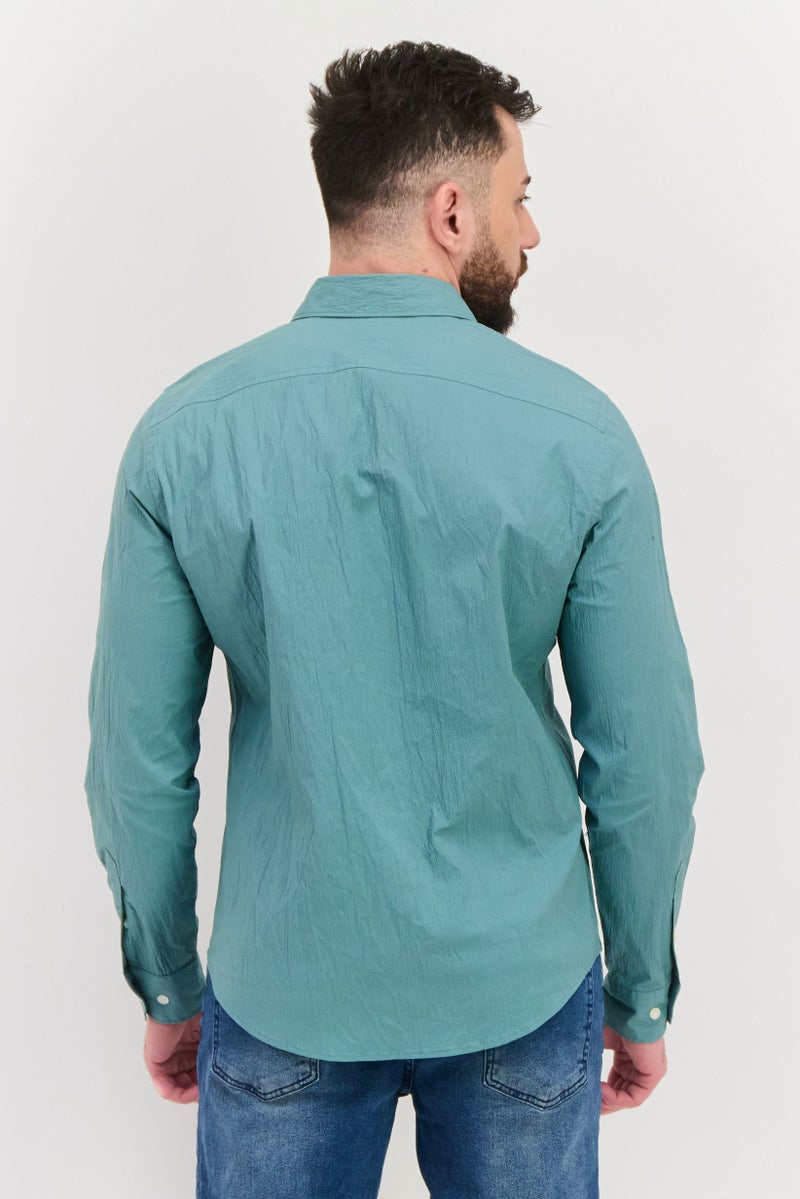 PERRY ELLIS Men Stretch Fit Long Sleeve Plain Casual Shirt, Slate Green - Image 2