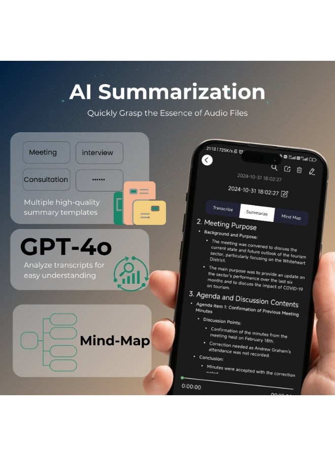 فوكيس تسجيل مسجل صوت ذكي مع تطبيق: نسخة صوتية إلى نصية بالذكاء الاصطناعي، ملخصات GPT-4o، خرائط ذهنية، تخزين 64 جيجابايت، وتصميم مغناطيسي - جهاز تسجيل للمكالمات والمحاضرات والاجتماعات من FoCase Rec  - Image 5
