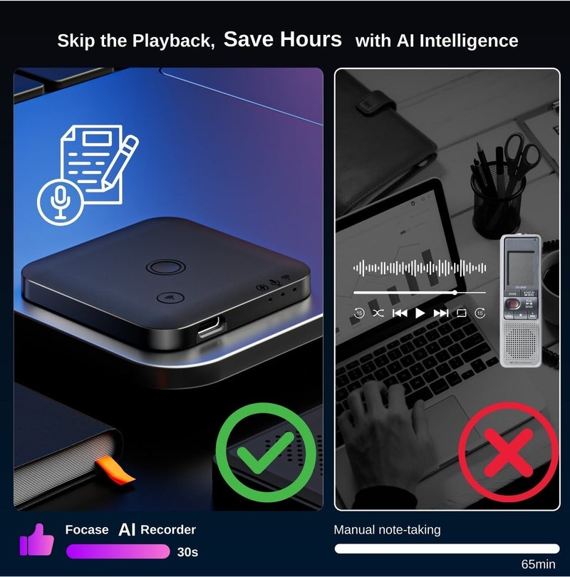 FoCase Rec FoCase Note AI Voice Recorder, Transcribe, Summarize & Translation with AI, APP Control, 64GB Storage, Support 112 Languages, Ultra-Slim Magnetic Dictaphone Note Taker for Calls, Lectures and Meetings - Image 2