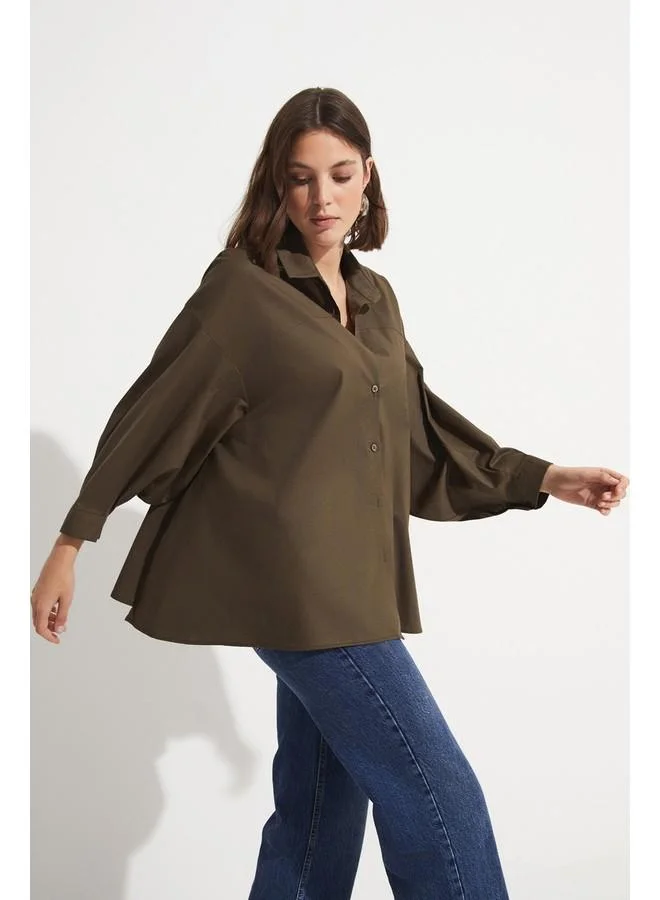 JUNE June 100% Cotton Stitching Detailed Shirt Khaki