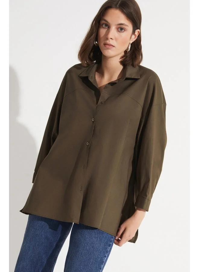 JUNE June 100% Cotton Stitching Detailed Shirt Khaki