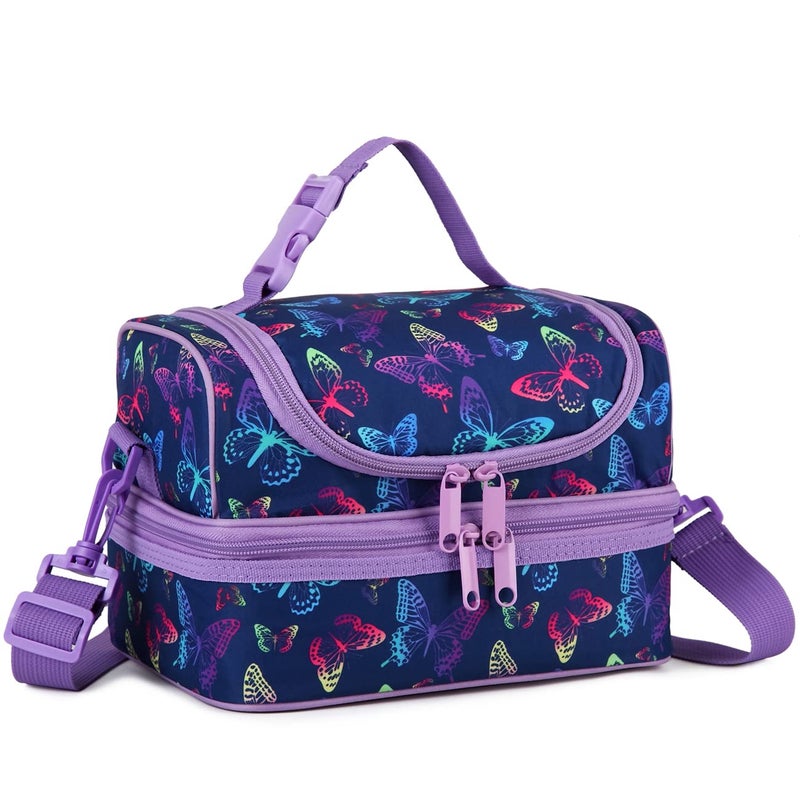 VASCHY Lunch Box Bag Girls Insulated Two Compartments Bento Cooler Bags for Women w Shoulder Strap for SchoolDaycareKindergartenPicnic Purple Butterfly