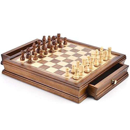 AMEROUS 12.8" x 12.8" Magnetic Wooden Chess Set with 2 Built-in Storage Drawers - 2 Bonus Extra Queens - Gift Packaging - Staunton Chess Pieces, Board Games Chess Sets for Adults and Kids - Image 3