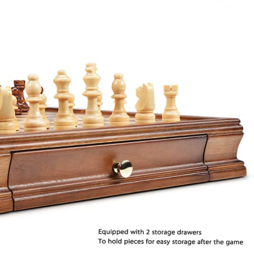 AMEROUS 12.8" x 12.8" Magnetic Wooden Chess Set with 2 Built-in Storage Drawers - 2 Bonus Extra Queens - Gift Packaging - Staunton Chess Pieces, Board Games Chess Sets for Adults and Kids - Image 5