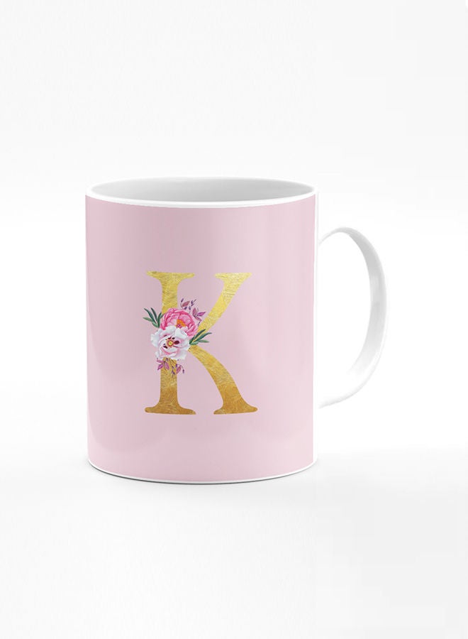 Stylizedd Designer Printed Coffee Mug 11oz Ceramic Personalised Gift Mugs Cup -Custom Monogram Initial Letter Floral Pattern Alphabet - K (Pink) - Image 1