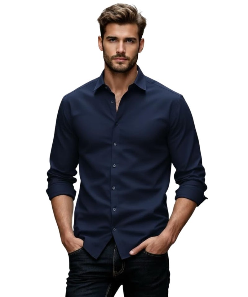 Glowic Men's Plain Casual Shirt | Cotton Soft & Breathable Fabric | Full Sleeve Comfort Fit Stylish Solid Shirts for Office (in, Alpha, 2XL, Regular, Navy Blue) - Image 1