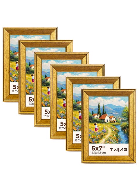 TWING 5x7 Gold Picture Frames Set of 6Rustic Gold Frames Display Pictures 4x6 with Mat or 5x7 Without MatTabletop Display and Wall Mounting Home Collage Photo FrameSet for Wall Gallery