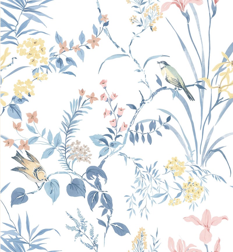 Erfoni 16.9" x118" Boho Floral Peel and Stick Wallpaper Blue Floral and Birds Contact Paper DIY Self Adhesive Removable Wallpaper for Livingroom Cabinet Decor Modern Flower Leaf Wall Paper Vinyl Roll - Image 1