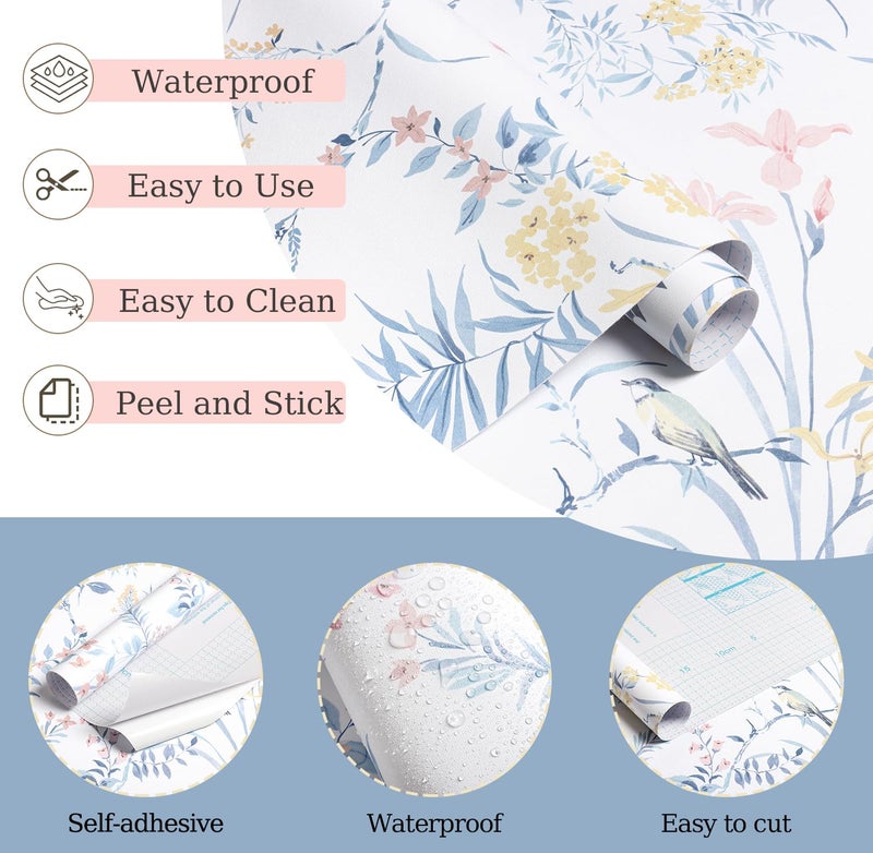 Erfoni 16.9" x118" Boho Floral Peel and Stick Wallpaper Blue Floral and Birds Contact Paper DIY Self Adhesive Removable Wallpaper for Livingroom Cabinet Decor Modern Flower Leaf Wall Paper Vinyl Roll - Image 5