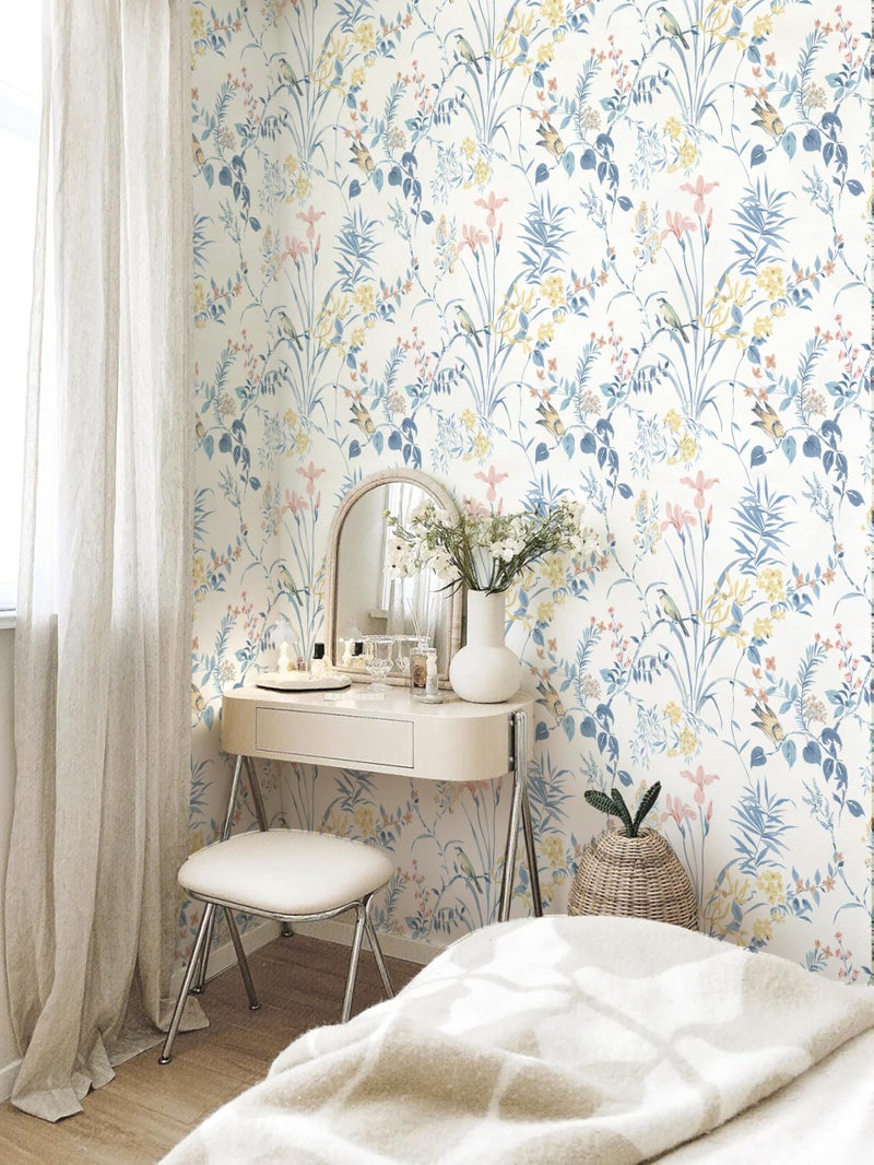 Erfoni 16.9" x118" Boho Floral Peel and Stick Wallpaper Blue Floral and Birds Contact Paper DIY Self Adhesive Removable Wallpaper for Livingroom Cabinet Decor Modern Flower Leaf Wall Paper Vinyl Roll - Image 2