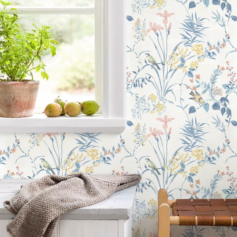 Erfoni 16.9" x118" Boho Floral Peel and Stick Wallpaper Blue Floral and Birds Contact Paper DIY Self Adhesive Removable Wallpaper for Livingroom Cabinet Decor Modern Flower Leaf Wall Paper Vinyl Roll - Image 3