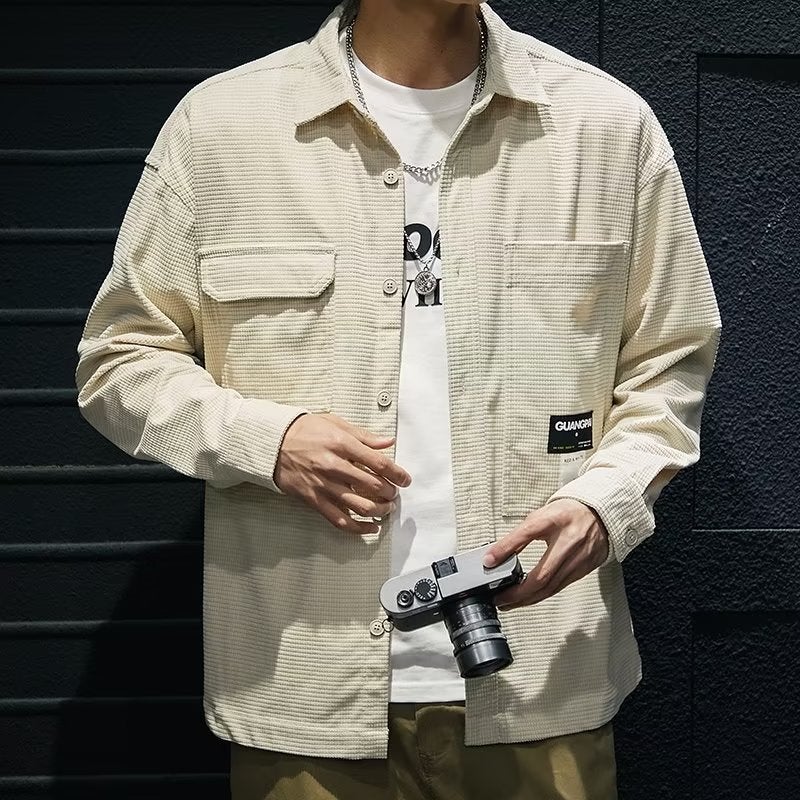 Spring and Autumn waffle heavy texture shirt mens Japanese fashion brand workwear shirt long sleeve loose plus size casual jacket 8031 Gray  - Image 5