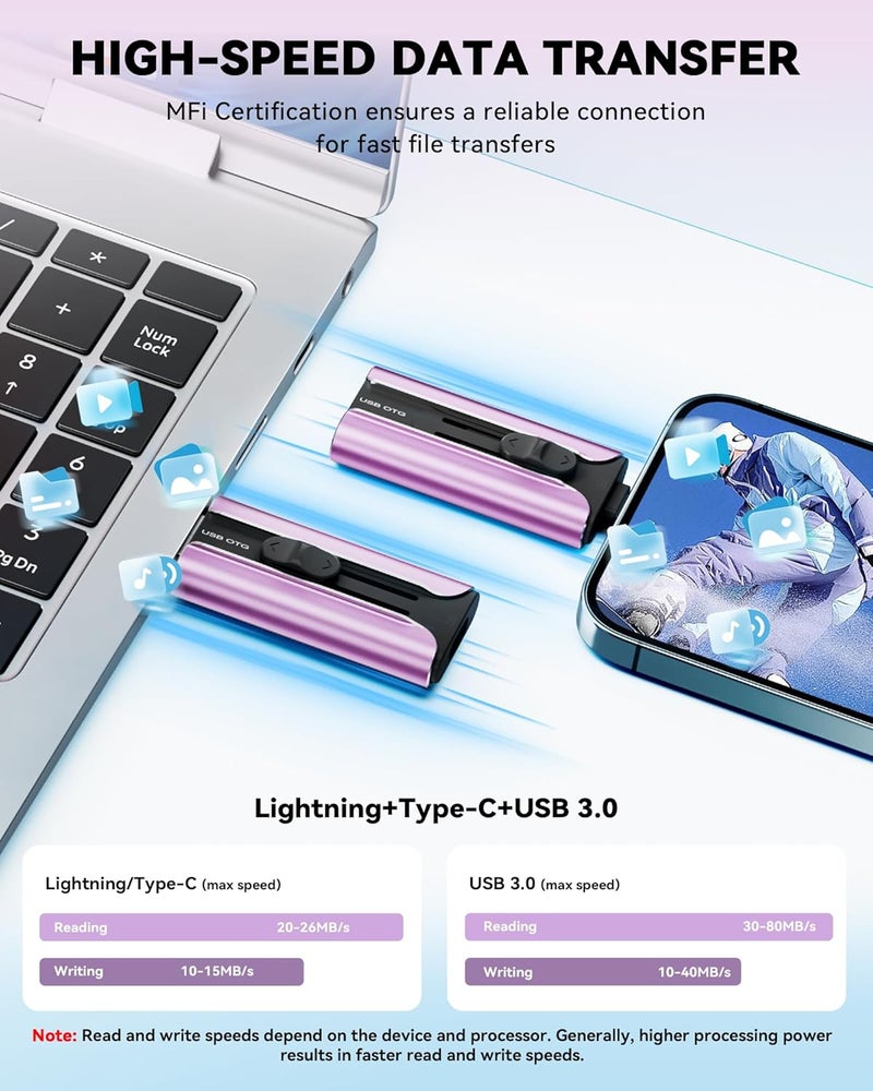 محرك أقراص فلاش معتمد MFi سعة 256 جيجابايت لهاتف آيفون، محرك ذاكرة USB عصا إبهام، محرك أقراص فلاش USB عالي السرعة لآيفون للصور والفيديوهات، عصا صور تخزين خارجية لهاتف آيفون/آيباد/أندرويد/كمبيوتر (بنفسجي) - Image 3