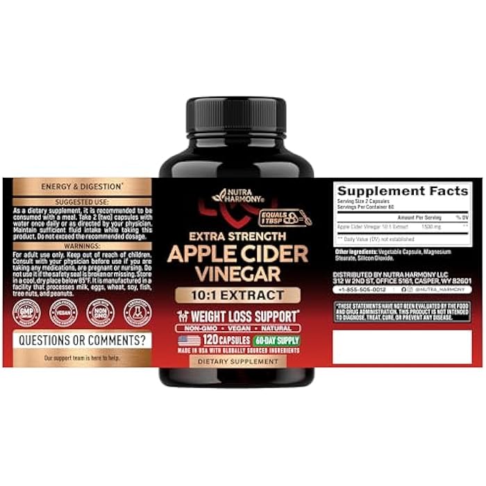 NUTRAHARMONY Apple Cider Vinegar Capsules - 100% Natural Pure ACV - Weight Loss & Energy Support - Extra Strength 10:1 Extract - Alternative to Gummies & Liquid - 3rd Party Lab Tested - 120 Capsules, 60-Day Supply - Image 2