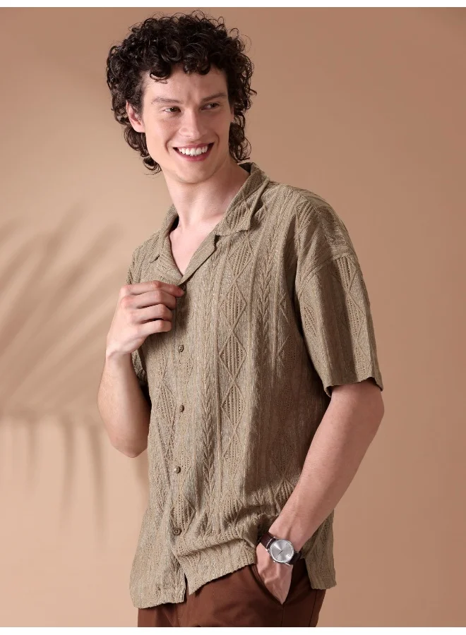Beyoung Peanut Brown Crochet Half-Sleeves Shirt for Men