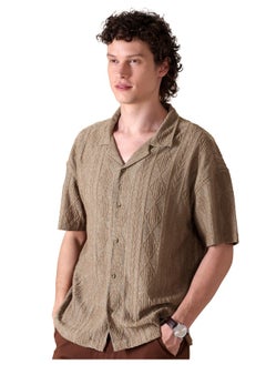 Beyoung Peanut Brown Crochet Half-Sleeves Shirt for Men  - Image 1