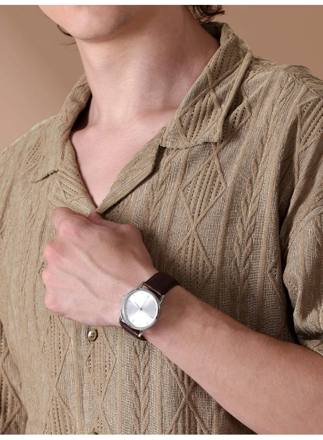 Beyoung Peanut Brown Crochet Half-Sleeves Shirt for Men