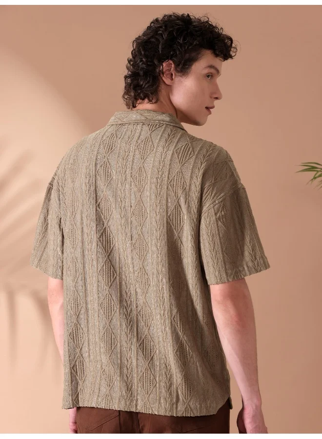 Beyoung Peanut Brown Crochet Half-Sleeves Shirt for Men