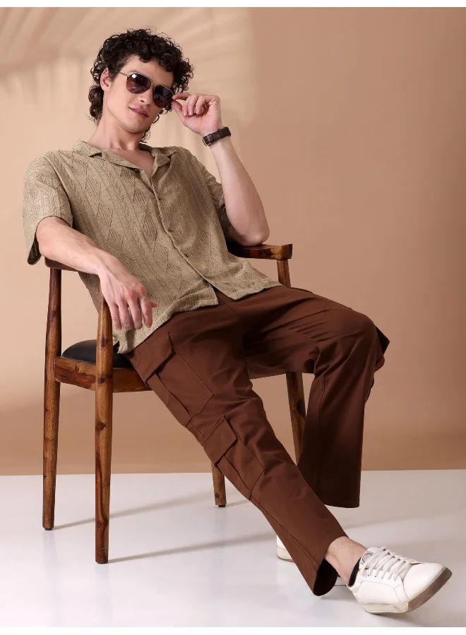 Beyoung Peanut Brown Crochet Half-Sleeves Shirt for Men