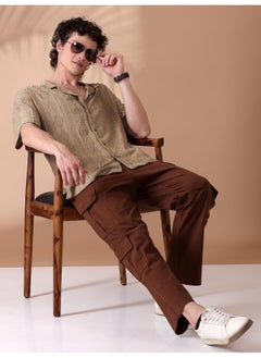 Beyoung Peanut Brown Crochet Half-Sleeves Shirt for Men  - Image 3
