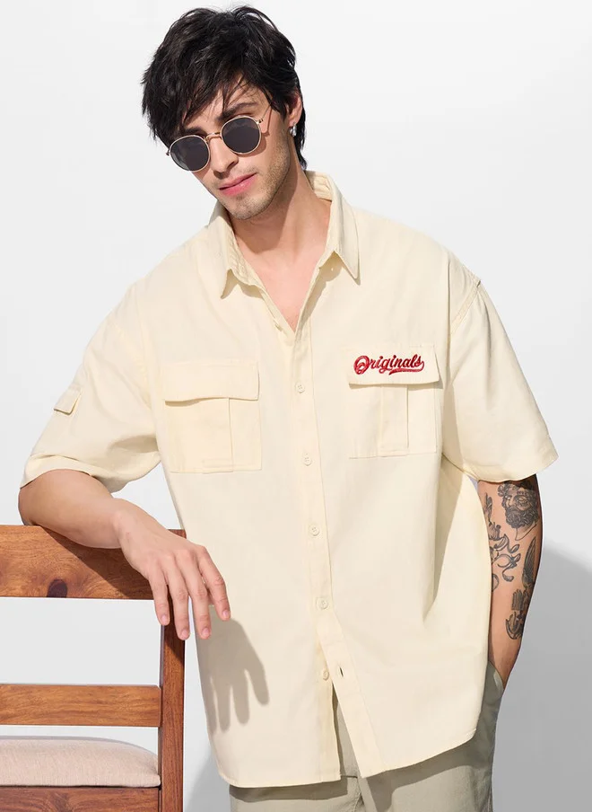 The Souled Store Men's Oversized Off-White Utility Shirt with Chest Pockets