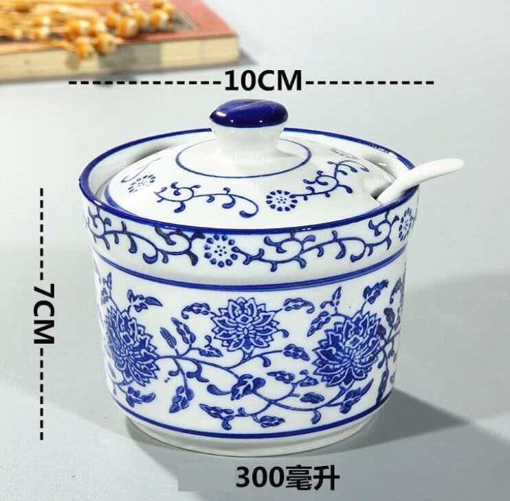 EatingBiting Ceramic Blue and White Sugar Bowl Spice Jar with Lid Spoon Seasoning Pot Set Storage Jar Seasoning Pot for Home Kitchen 300ml - Image 2