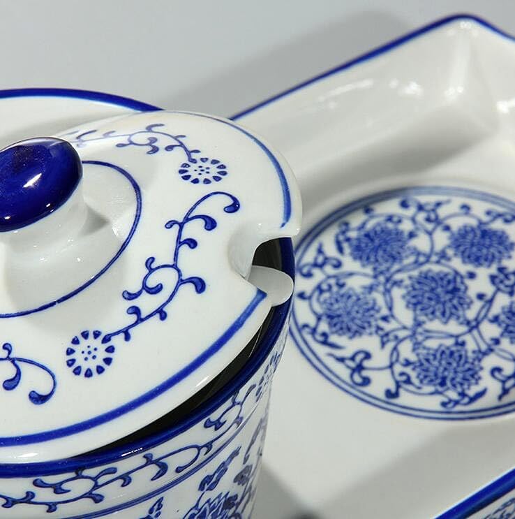 EatingBiting Ceramic Blue and White Sugar Bowl Spice Jar with Lid Spoon Seasoning Pot Set Storage Jar Seasoning Pot for Home Kitchen 300ml - Image 3