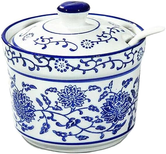 EatingBiting Ceramic Blue and White Sugar Bowl Spice Jar with Lid Spoon Seasoning Pot Set Storage Jar Seasoning Pot for Home Kitchen 300ml - Image 1