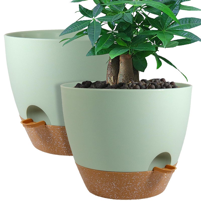 UOUZ 12inch 2Pack Large Self Watering Planters, Plastic Plant Pots with 60oZ Removable Deep Reservoir and Multi Mesh Drainage Holes for Indoor Outdoor Garden Plants and Flowers, Green with Brown - Image 1