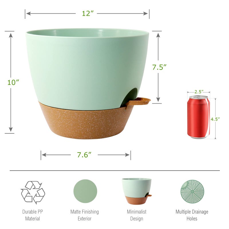 UOUZ 12inch 2Pack Large Self Watering Planters, Plastic Plant Pots with 60oZ Removable Deep Reservoir and Multi Mesh Drainage Holes for Indoor Outdoor Garden Plants and Flowers, Green with Brown - Image 2