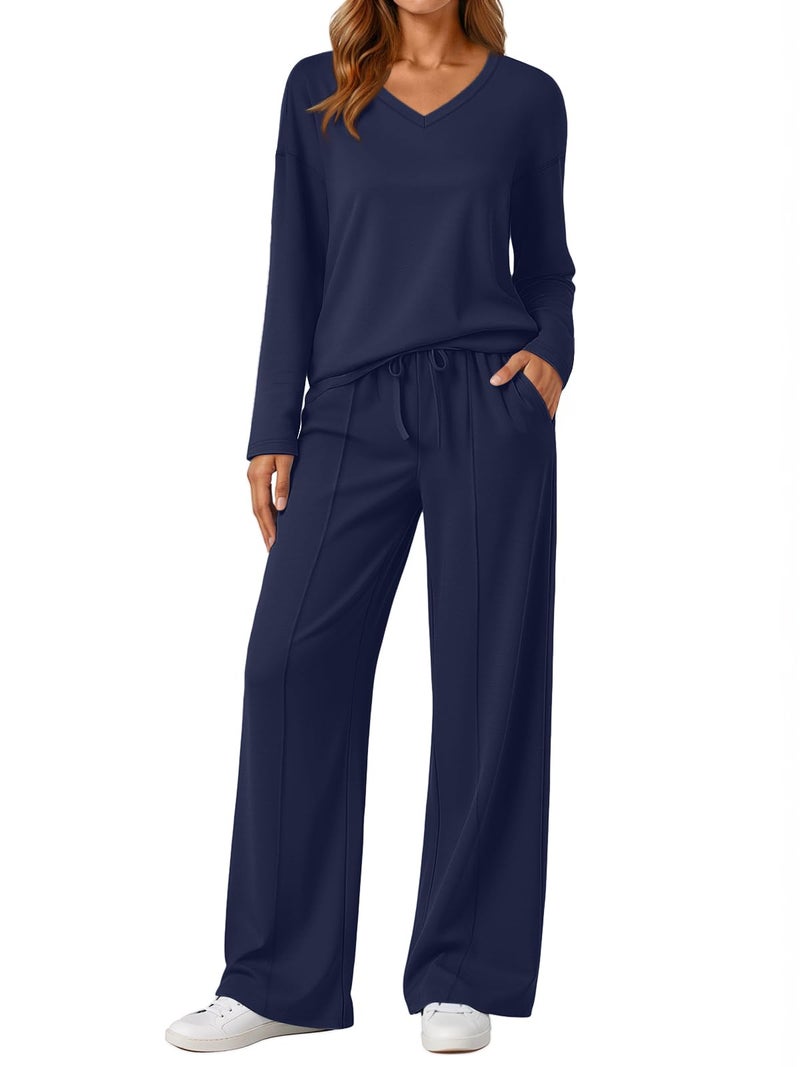 AUTOMET Sweatsuits Women 2 Piece Outfit Fashion Travel Lounge Sets With Wide Leg Pants Airport Track Suits Fall Clothes 2026 Navy S - Image 1