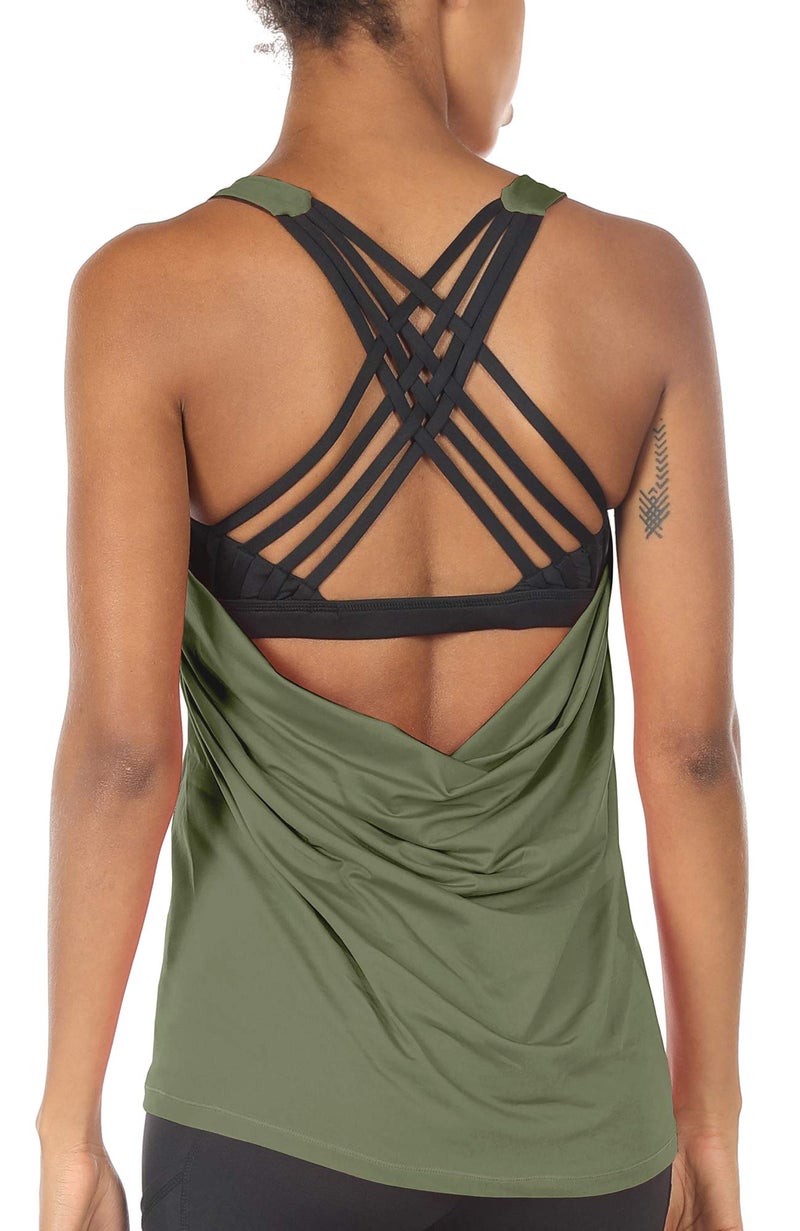 icyzone Yoga Tops Workouts Clothes Activewear Built in Bra Tank Tops for Women (S, Olive) - Image 1