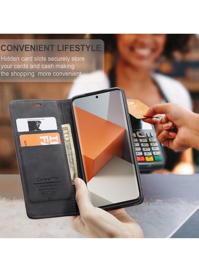 CaseMe RedMi Note 13 pro plus 5G Wallet Case Book Folding Flip Folio Case with Magnetic Kickstand Card Slots Protective Cover - Black - Image 4
