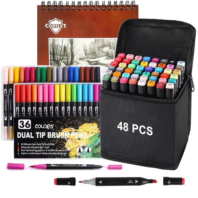Corslet 85pcs Stationery Items Dual Tip Markers Colour Set 48pc Alcohol Markers Set 36pc Brush Pens Set Sketch Pen Colour Alcoholic Markers Set for Calligraphy Drawing Sketching with Marker Pad