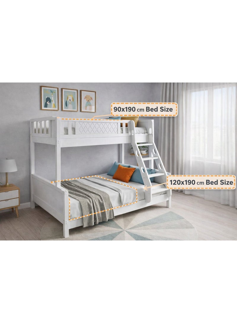 الزخارف للمفروشات سرير طابقين خشبي متين مع سلم للأطفال والمراهقين، هيكل من الخشب الصلب مع حاجز أمان كامل الطول، تصميم موفر للمساحة، لون أبيض – السرير العلوي 90×190 سم | السرير السفلي 120×190 سم - Image 1