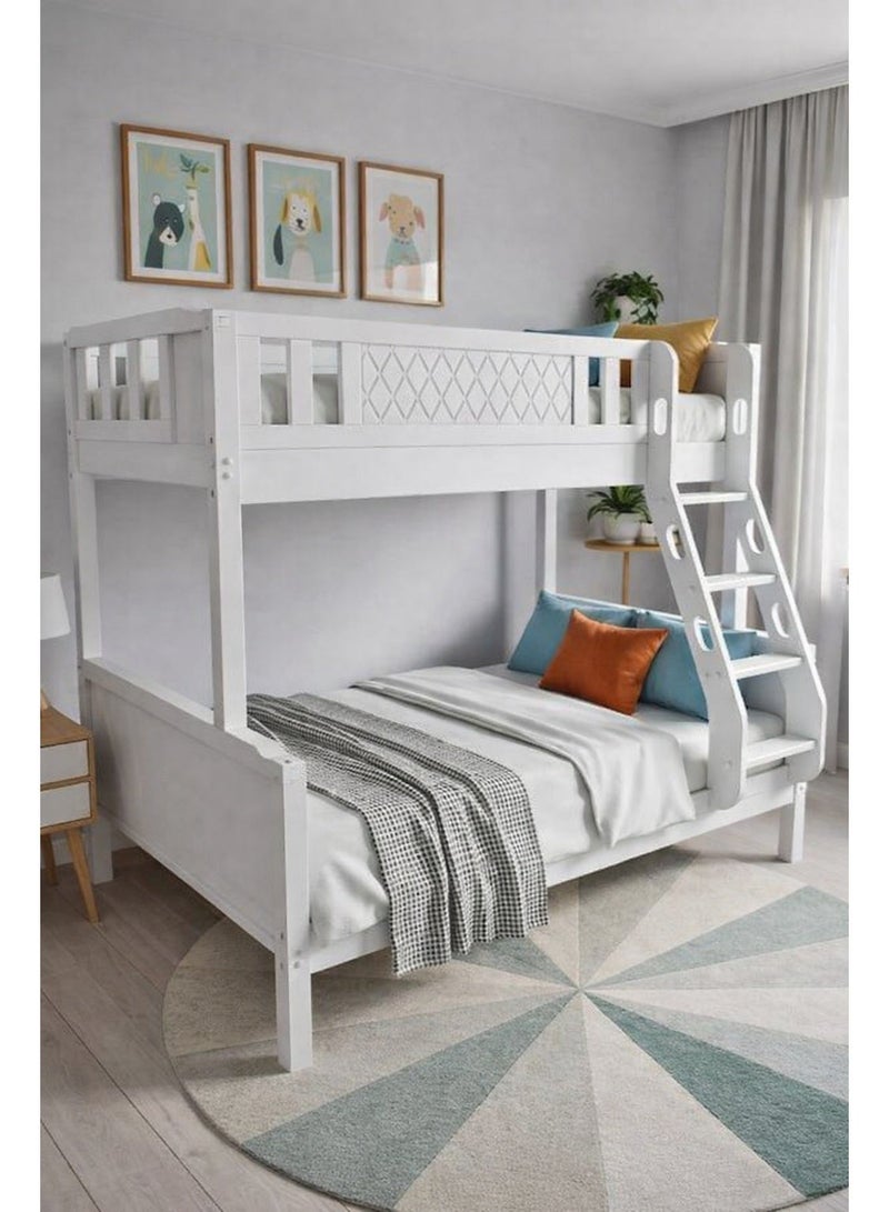 الزخارف للمفروشات سرير طابقين خشبي متين مع سلم للأطفال والمراهقين، هيكل من الخشب الصلب مع حاجز أمان كامل الطول، تصميم موفر للمساحة، لون أبيض – السرير العلوي 90×190 سم | السرير السفلي 120×190 سم - Image 2