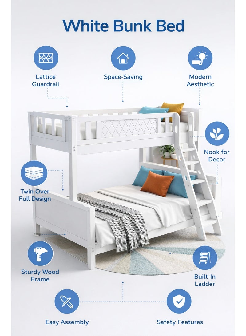 الزخارف للمفروشات سرير طابقين خشبي متين مع سلم للأطفال والمراهقين، هيكل من الخشب الصلب مع حاجز أمان كامل الطول، تصميم موفر للمساحة، لون أبيض – السرير العلوي 90×190 سم | السرير السفلي 120×190 سم - Image 3
