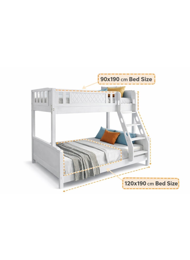 الزخارف للمفروشات سرير طابقين خشبي متين مع سلم للأطفال والمراهقين، هيكل من الخشب الصلب مع حاجز أمان كامل الطول، تصميم موفر للمساحة، لون أبيض – السرير العلوي 90×190 سم | السرير السفلي 120×190 سم - Image 4