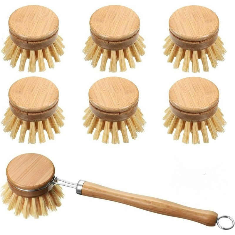 7 Piece Wooden Dish Brush Set With 6 Replaceable Heads - Image 1